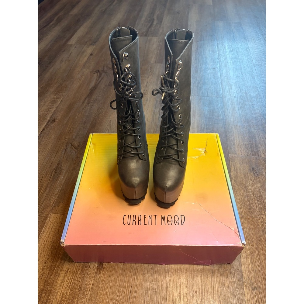 Current Mood Nola Black Platform Boots Lace Up Block Heel Mid Calf Womens 6M